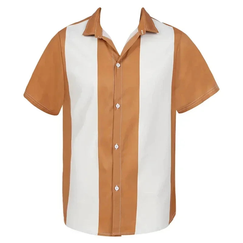 2025 Summer New Men's Bowling Shirt Vintage Short Sleeve Button Lapel Shirt Casual Multicolor Striped Shirt Fast Shipping