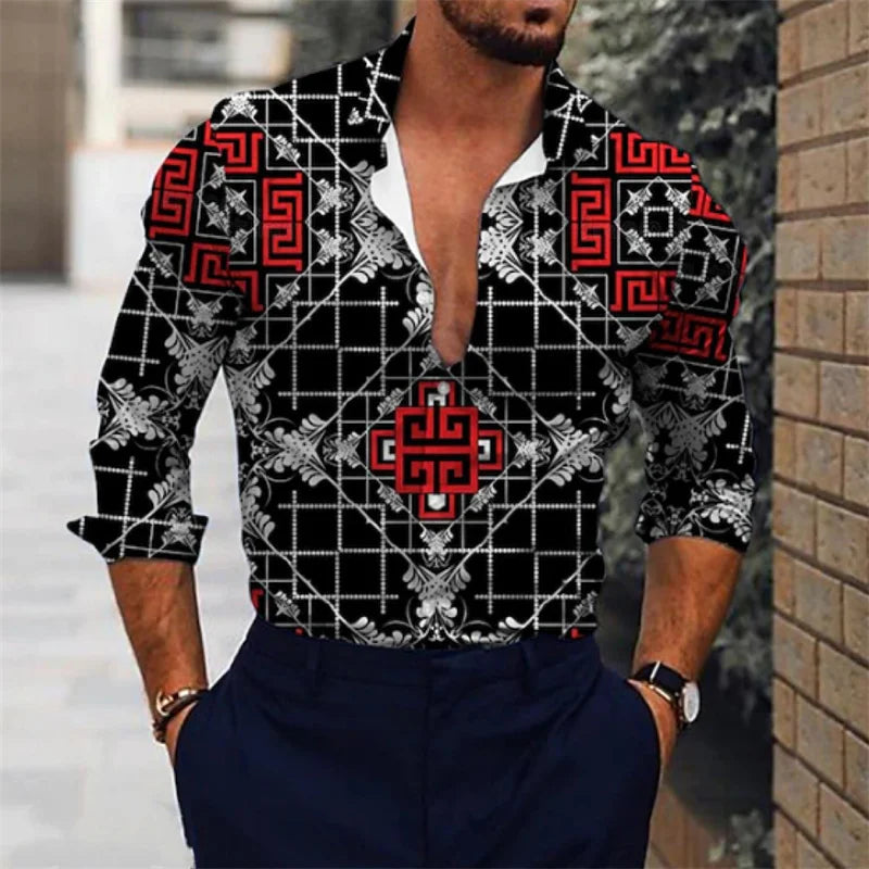 Men's shirts 3D printed shirts for daily outings, lapels for fashionable long sleeved clothing, fashion designers for leisure