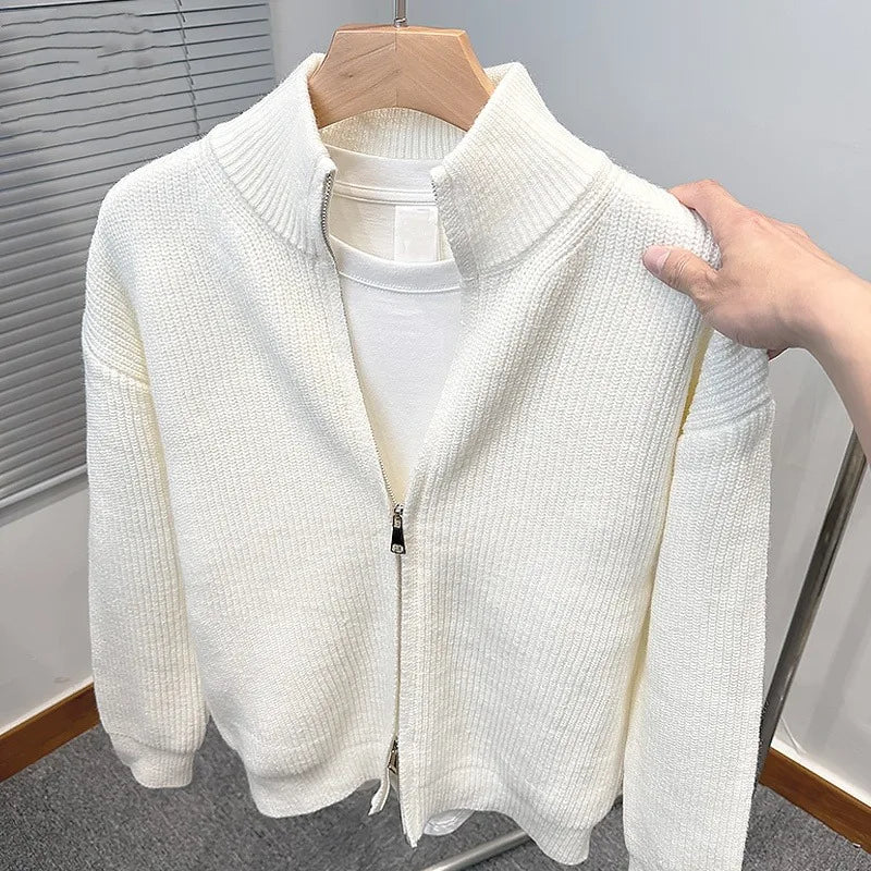 Versatile solid color zipper cardigan men's knitted sweater autumn and winter popular slim fit sweater jacket men's stand up col