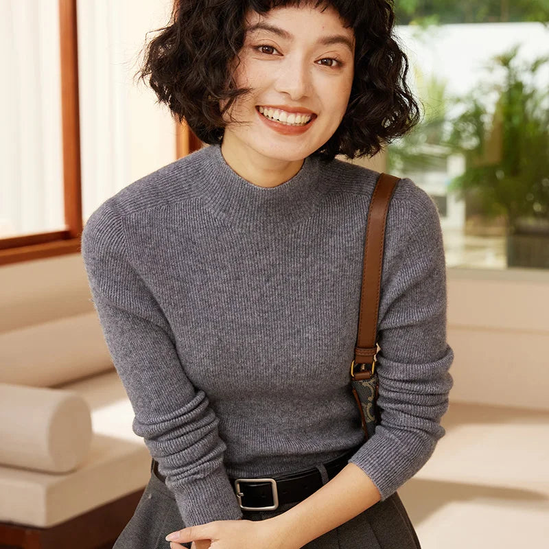 Autumn and Winter New Women's 100% Pure Cashmere Semi High Neck Pullover Sweater Knitted Slim Fit Hot Selling Women's Top