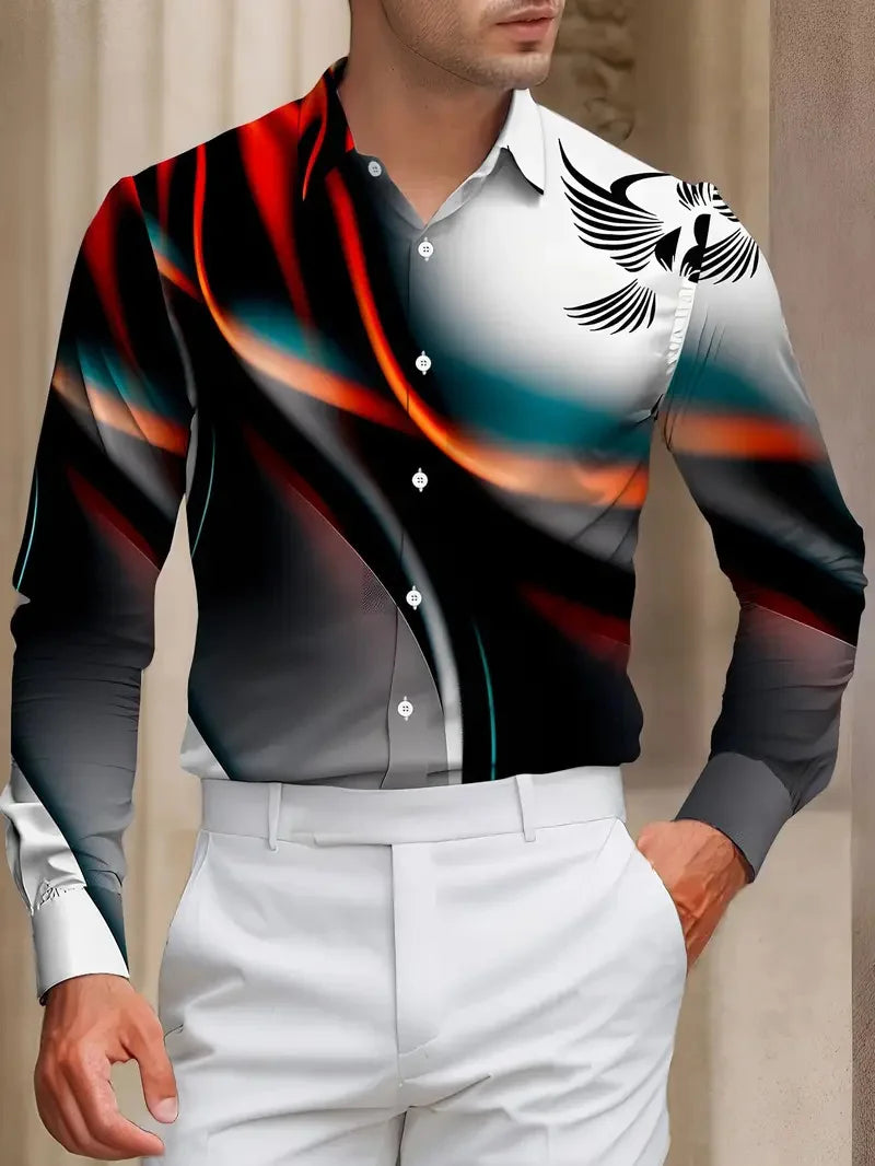 New Men's Western Print Long Sleeve Lapel Shirt Casual Social Men's Long Sleeve 3D Printed Clothing