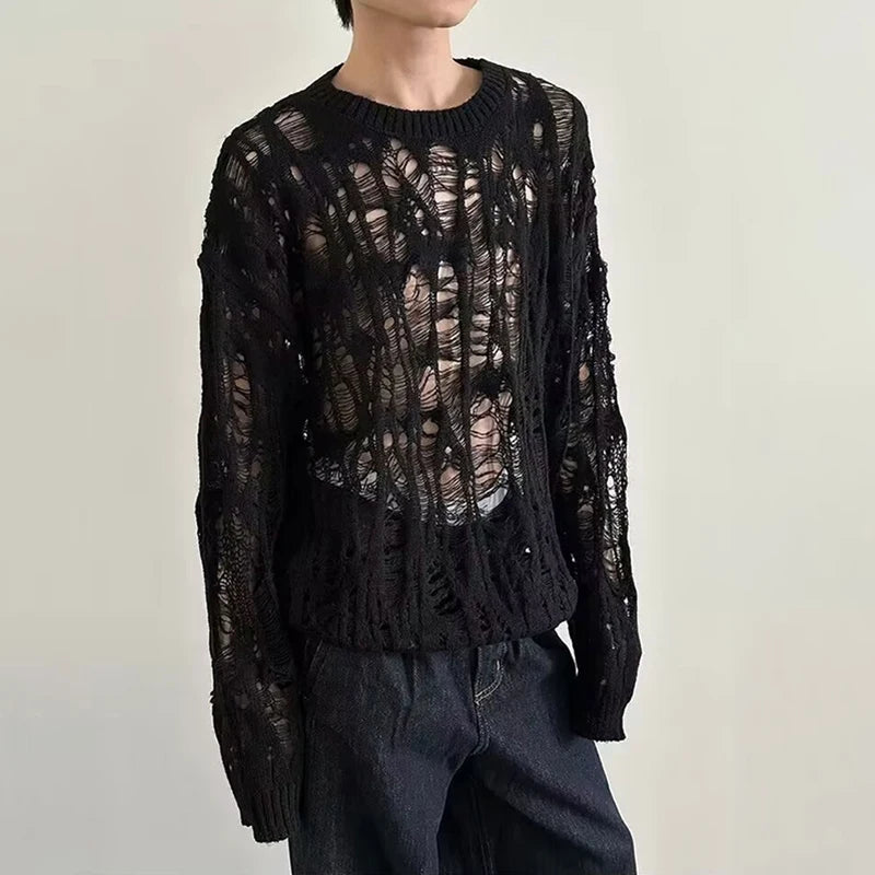 Vintage Ripped Hollow Out Mesh Knit Sweater Men Autumn Streetwear Fashion Crew Neck Long Sleeve Knitted T Shirt Men’s Clothing
