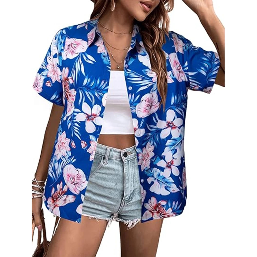 New Women's Short Sleeve T-shirt Fashion 3D Floral Print Hawaiian Style Casual Basic T-shirt Summer Lapel Short Sleeve Shirt