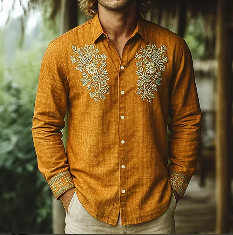 Men's Linen Casual Long Sleeve Shirt 3D Mesh Print Short Sleeve Casual Shirt, Vintage Style Tribal Print