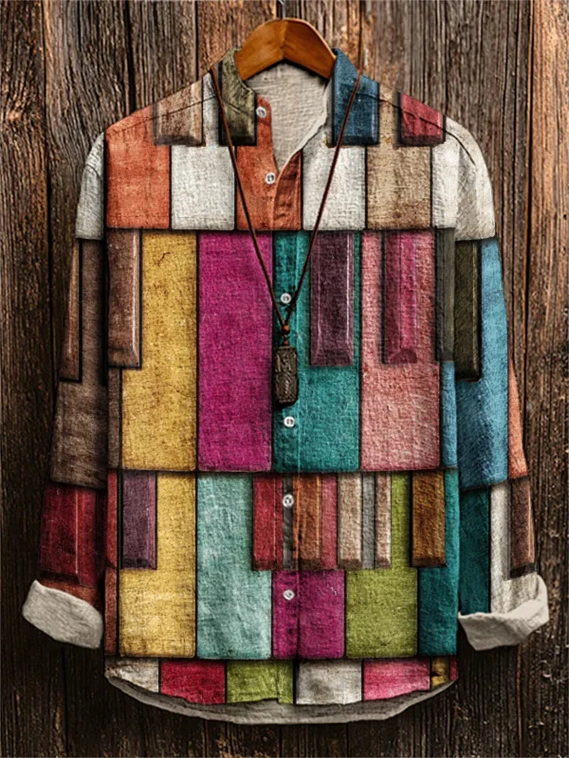 New Men's Long Sleeve Shirt 3D Across Flower Print Long Sleeve Casual Shirt Linen Fashion Lapel Button Shirt Top