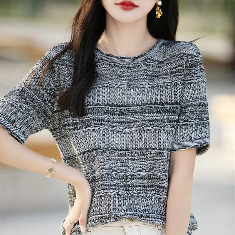 Women's T-Shirt Summer 100% Cotton Sweater Short Sleeve Striped Knitted Round Neck Ladies Tops Loose Blouse Pullover Tees