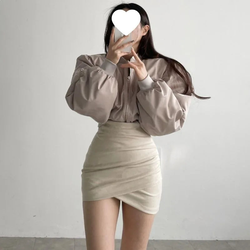 Grey Suede Mini Skirt Women's Autumn Winter New Style Irregular Fit High Waist Elastic Short Skirt One Step Wrap around Skirt