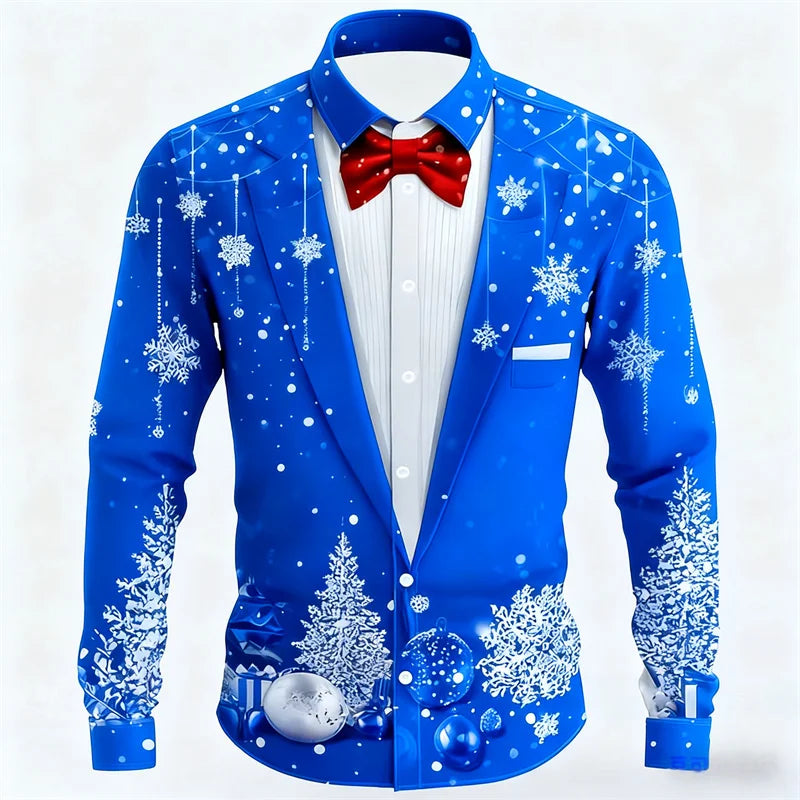 Men's Christmas shirt, casual fashion design, holiday party men's top, long sleeve lapel men's high-end clothing XS-6XL size