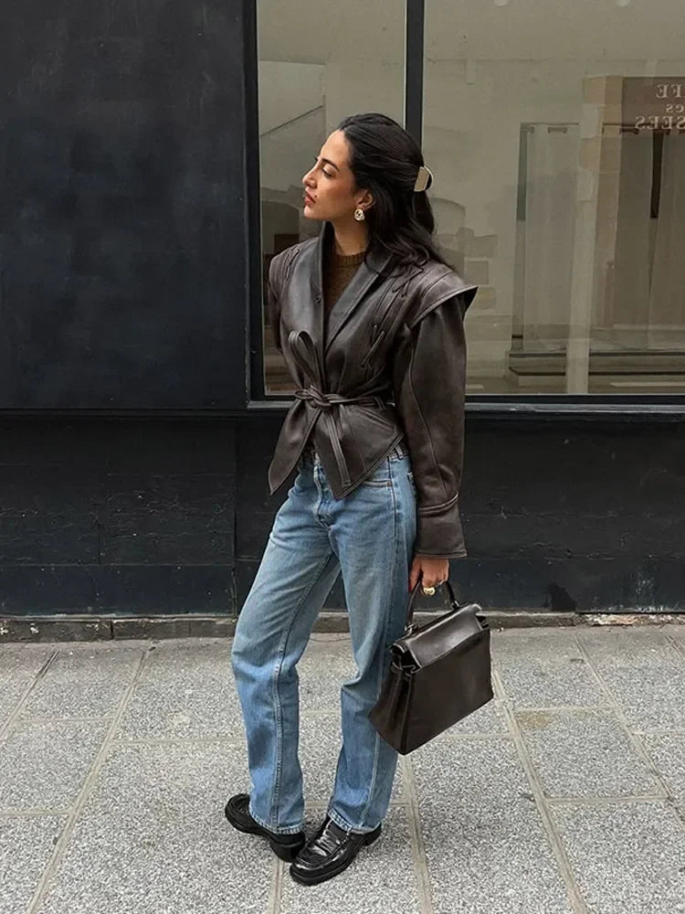 Vintage Women V-neck Belt Faux Leather Jackets Chic Full Sleeve Lace Up High Waist Lapel Overcoat Autumn Female Street Outerwear