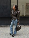 Vintage Women V-neck Belt Faux Leather Jackets Chic Full Sleeve Lace Up High Waist Lapel Overcoat Autumn Female Street Outerwear