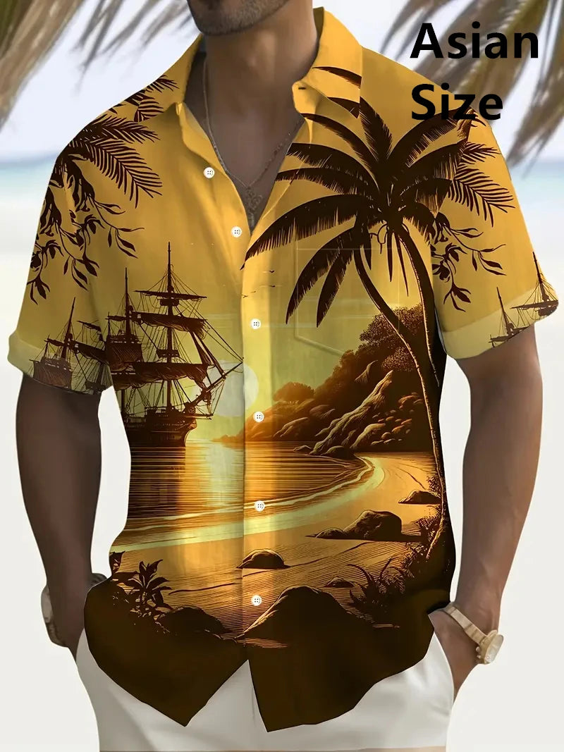 Tropical Coconut Tree Pattern Men's Short Sleeve Button Down Lapel Shirt For Summer Resort Holiday Hawaiian Style Oversized Tops
