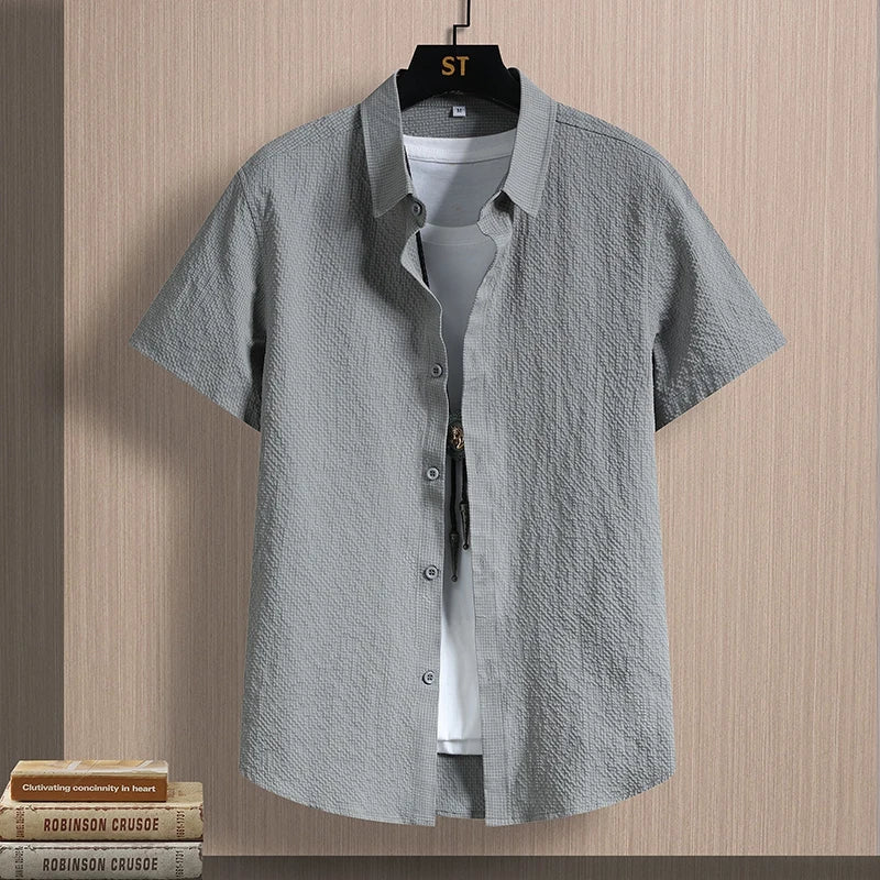 Men's Shirts Seersucker Short Sleeve Male Shirts Summer Casual Business Textured Solid Button Up Office Top