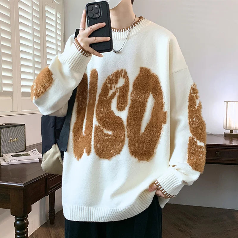 2025 New Letter Jacquard O-Neck Knitwear Men's American Fashion Retro Knitted Sweater Autumn Hip Hop Long Sleeve Y2K Pullovers
