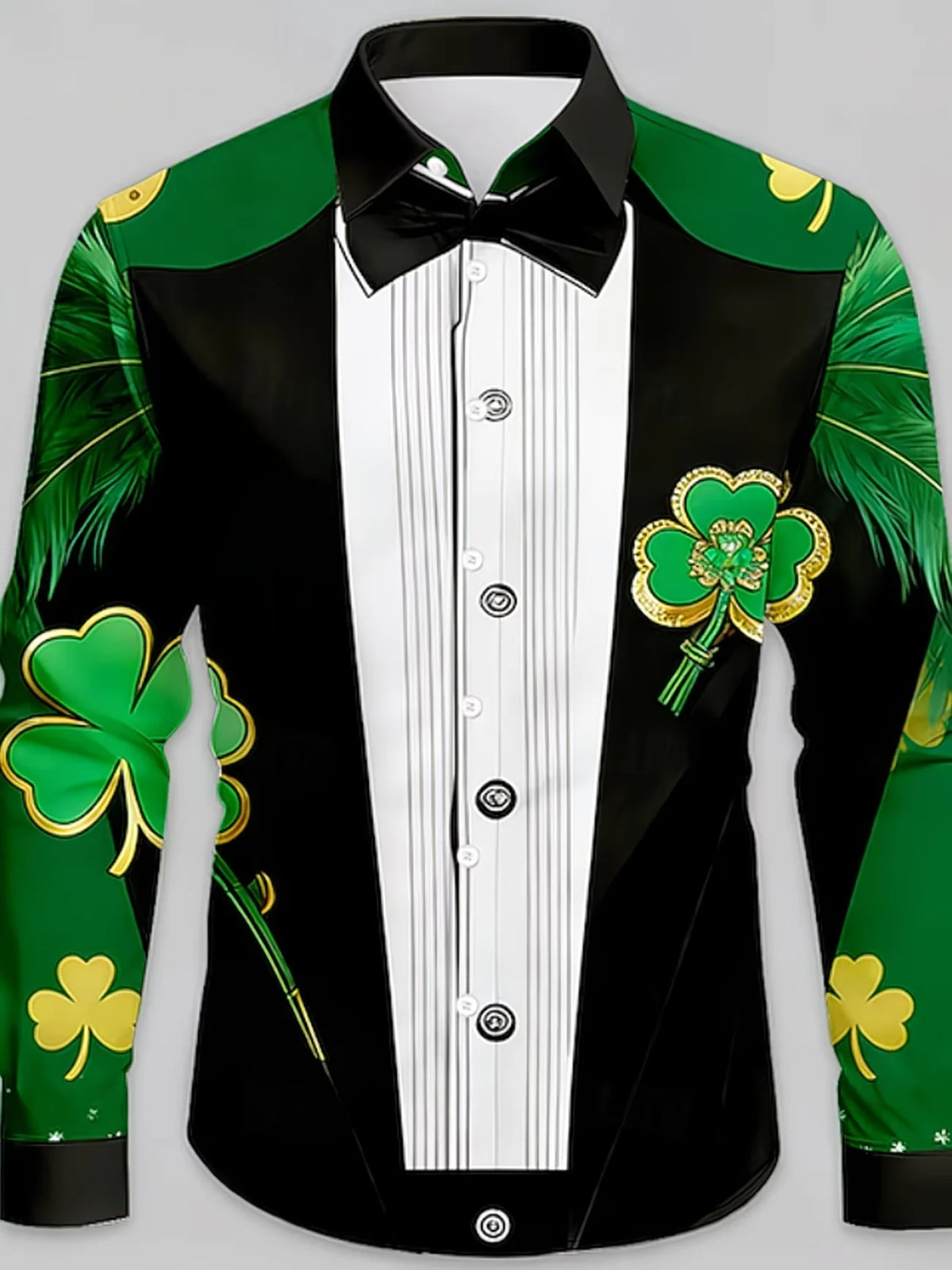 New men's 3D clover print retro pattern casual long sleeved casual shirt fashionable lapel top clothing