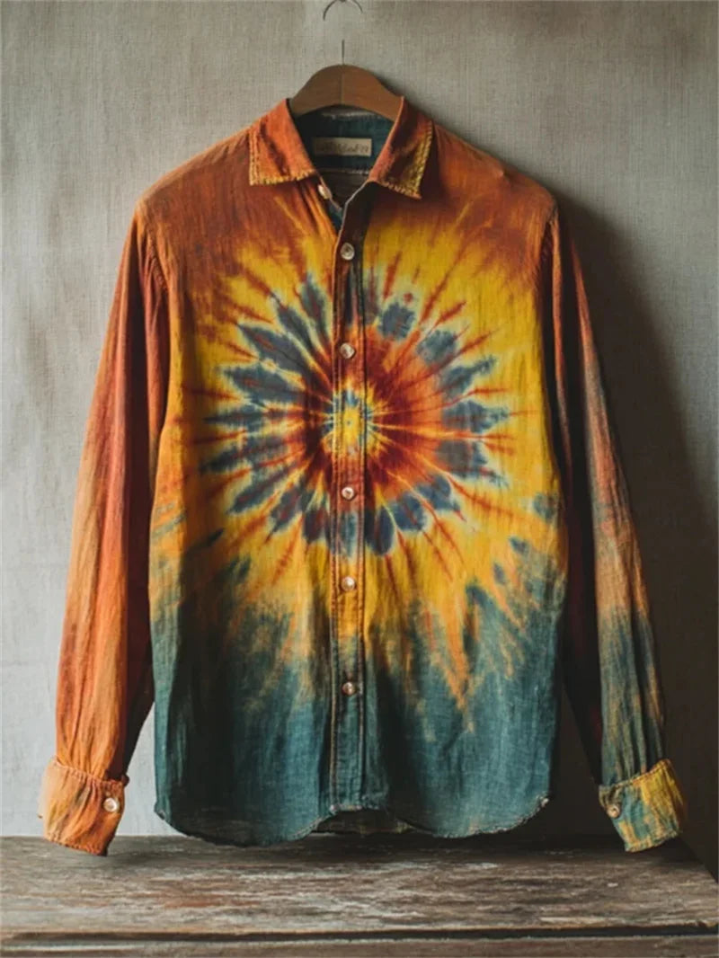 New Men's Long Sleeve Shirt 3D Across Flower Print Long Sleeve Casual Shirt Linen Fashion Lapel Button Shirt Top