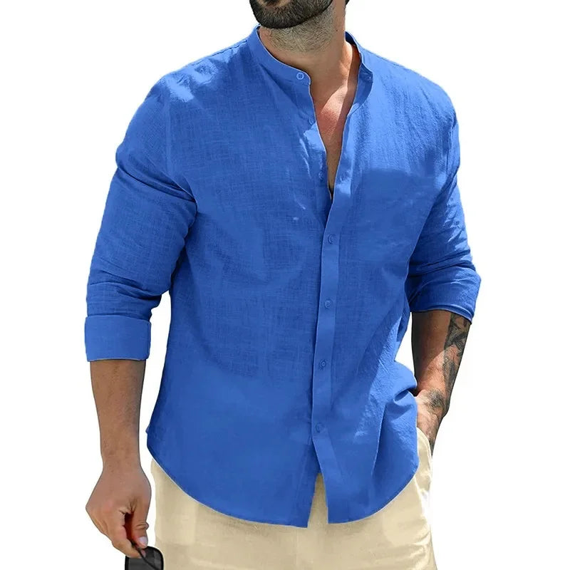 Men's shirt, long-sleeved shirt, solid color, round neck, single-breasted shirt, outdoor casual business office clothing, large