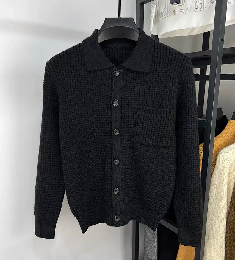 High-end Waffle Knitted Cardigan 2023 Autumn/Winter New Fashion Men's Polo Collar Korean Knitted Sweater Casual Solid Coat