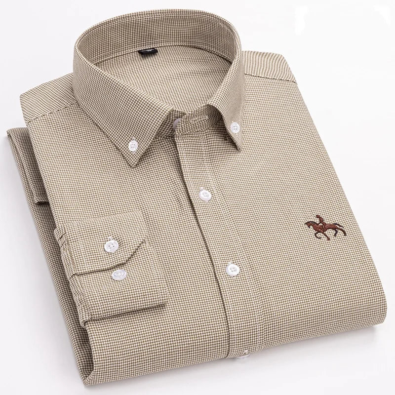 2024 new autumn men's long-sleeved plaid striped100% cotton Oxford spinning chest embroidery regular fit button work shirt S~6XL