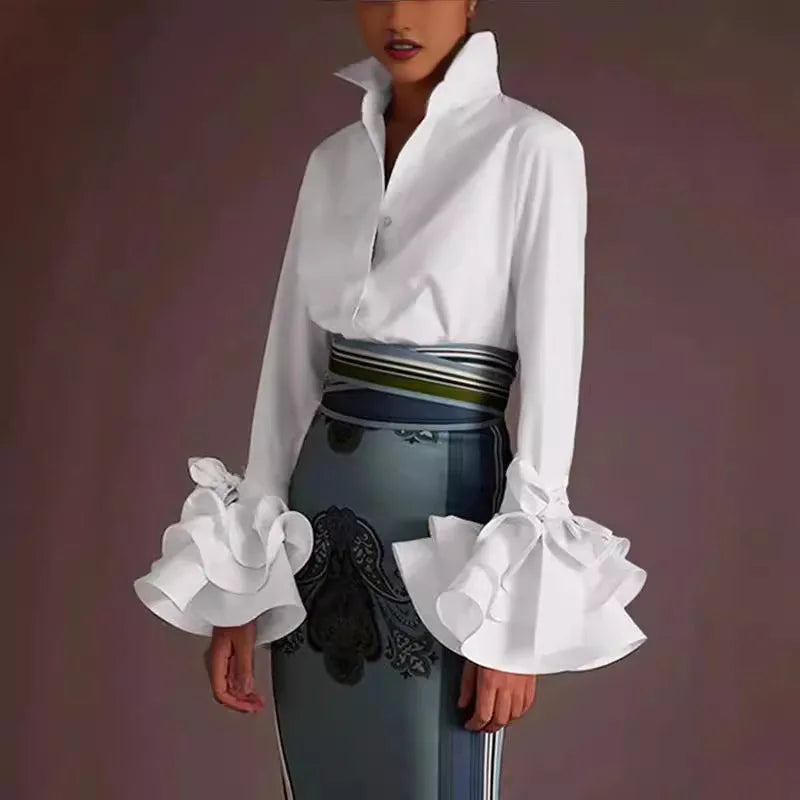 Spring Women's Blouses Vintage Demin Shirts 2026 Fashion Ruffles Flare Sleeve Tops Lapel Casual Loose Solid Blusas Femininas Top