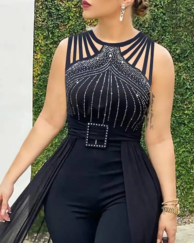2025 Fashionable and elegant Women's Sexy Round Neck Rhinestone Sheer Mesh Sleeveless Jumpsuit With Belt Party Club Jumpsuit