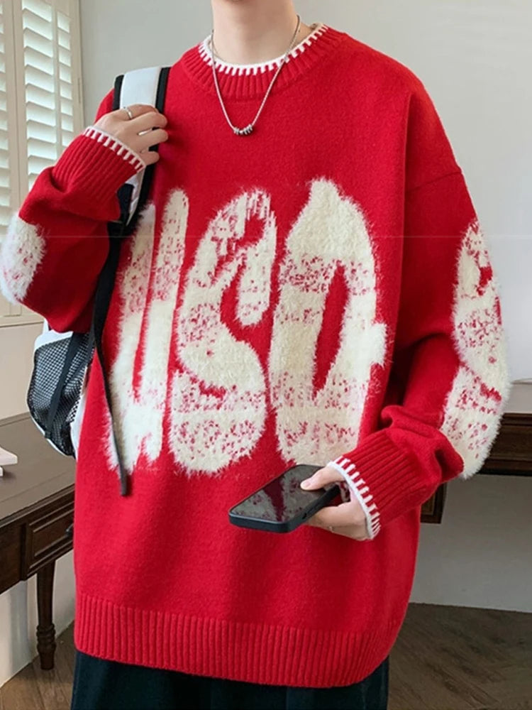 2025 New Letter Jacquard O-Neck Knitwear Men's American Fashion Retro Knitted Sweater Autumn Hip Hop Long Sleeve Y2K Pullovers