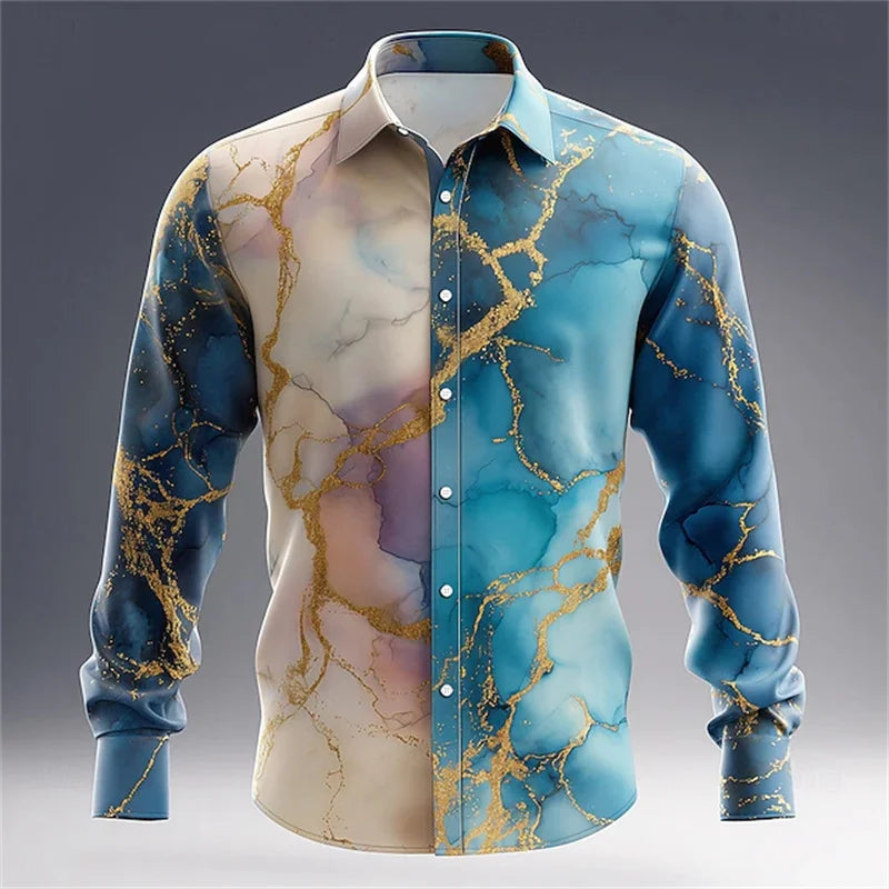 Men's blue and gold marble print long-sleeved shirt. Fashionable casual design, slim fit for banquets and business suits. XS-6XL