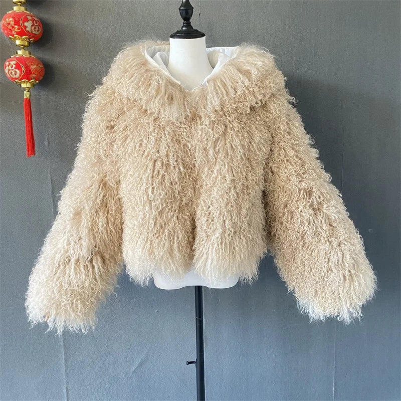 2025 Autumn Fashion Warm Short Real Mongolia Sheep Fur Jacket Women Plus Size Curly Lamb Fur Jacket Female