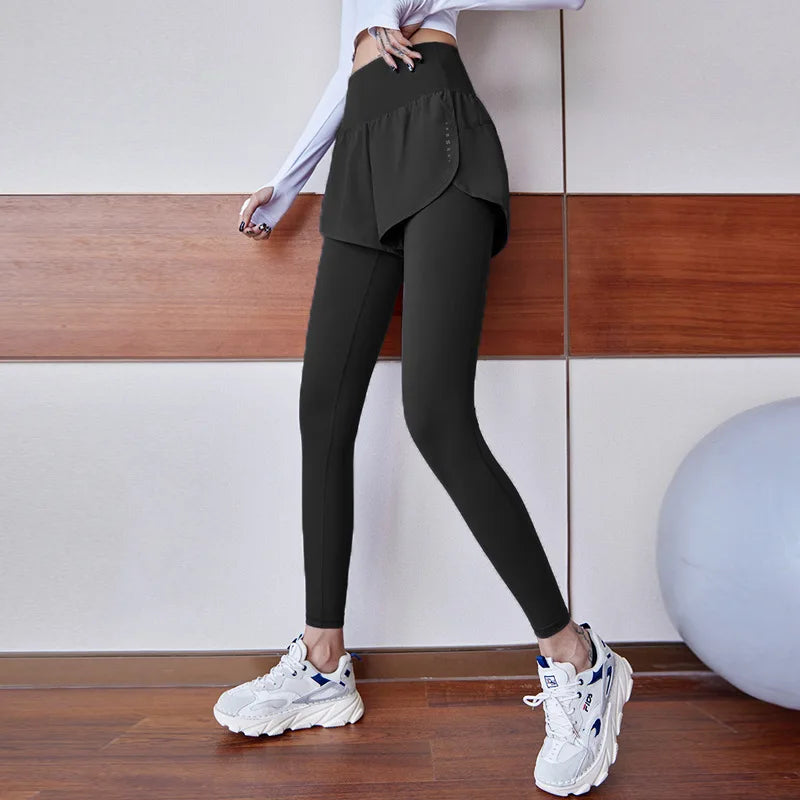 Women's Fall Two-in-One Leggings - High Waist Running Yoga Pants with Slimming Skirted Hem, 4-Way Stretch  From Studio to Street