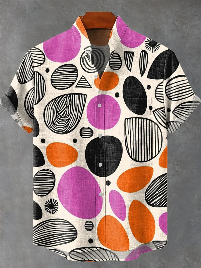 Vintage Men's Shirt Comfortable Short Sleeve Fashion 3D Crane Printed Art Pattern, Button Top, Summer Top