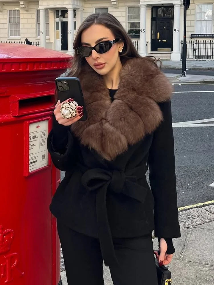 2026 Spring Autumn Faux Fur Collar Lace Up Jacket For Women Casual High Street Long Sleeve Belt Coats Lady Chic Street Outerwear