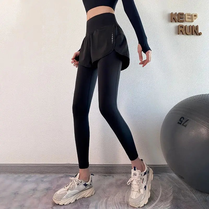 Women's Fall Two-in-One Leggings - High Waist Running Yoga Pants with Slimming Skirted Hem, 4-Way Stretch  From Studio to Street