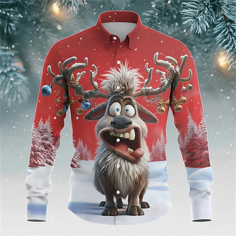 Christmas men's reindeer bell fun Christmas shirt long-sleeved button shirt Christmas gift autumn and winter collar shirt