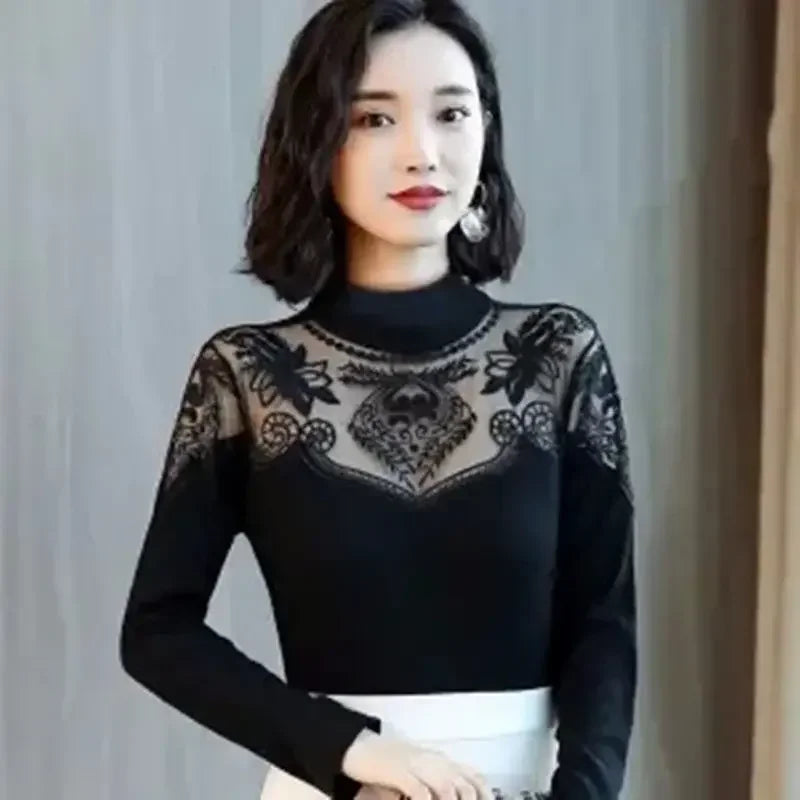 Woman Tshirts Autumn  Winter Lace  Women's Long Sleeve Turtleneck Stretch T-shirt Tops Mujer Camisetas