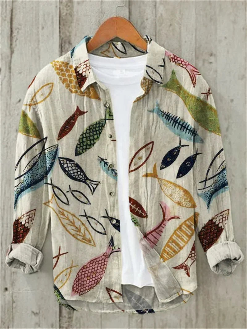 Linen Print Men's Long Sleeve Shirt Traditional Wave Pattern Art Hawaiian Shirt Men's Crane Shirt Design