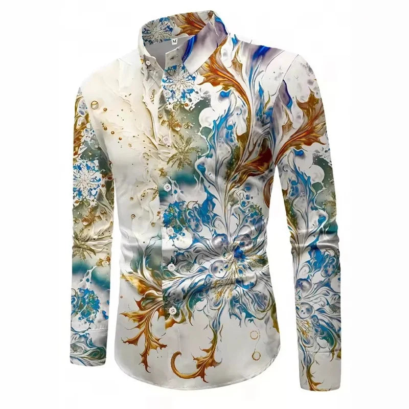 Men's blue and gold marble print long-sleeved shirt. Fashionable casual design, slim fit for banquets and business suits. XS-6XL
