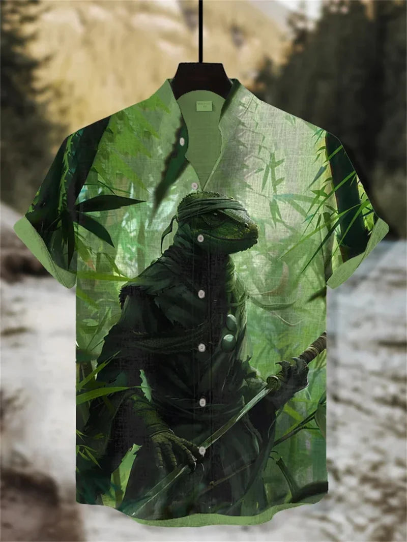 New Men's Linen Short Sleeve Shirt Vintage 3D Wave Octopus Printed Wave Button Shirt Men's Casual Top Shirt