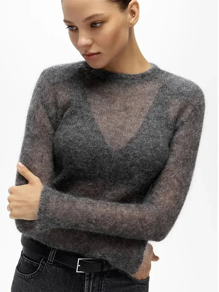 Solid Round Neck Thin Knitted Sweater Women Elegant Long Sleeve Bodycon See Through Pullover 2025 New Autumn Lady Street Outwear