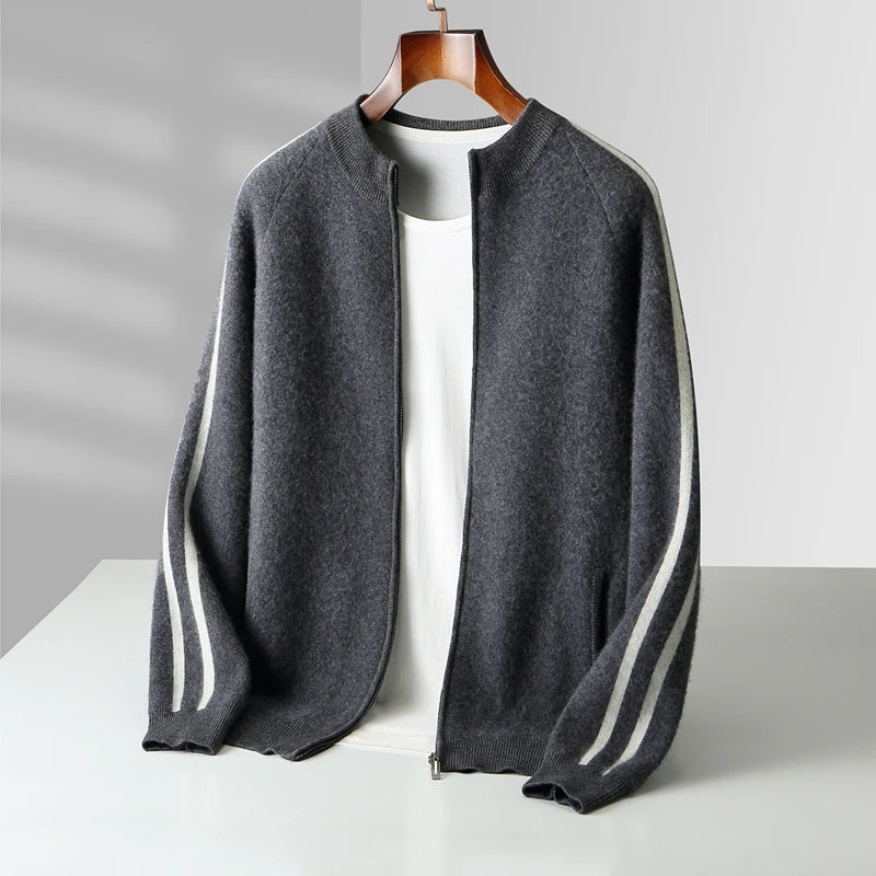 ATTYYWS  Men's new cardigan 100% wool sweater color blocked knit casual autumn and winter coat men's O-neck cashmere sweater