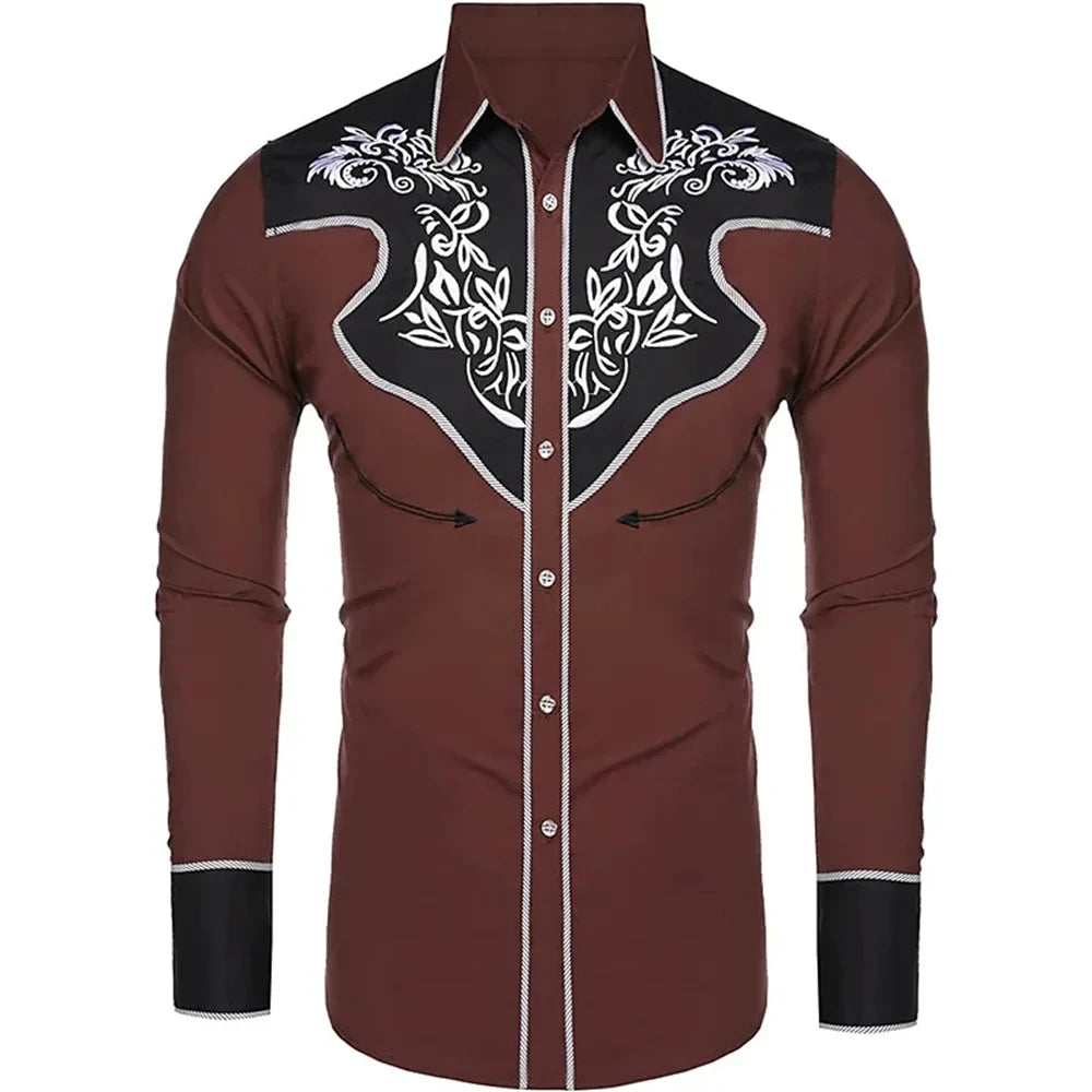 2025Fashion Men's Western Printed Long -sleeved Lapel Single -breasted Shirt Casual Social Men's Club Street Clothing