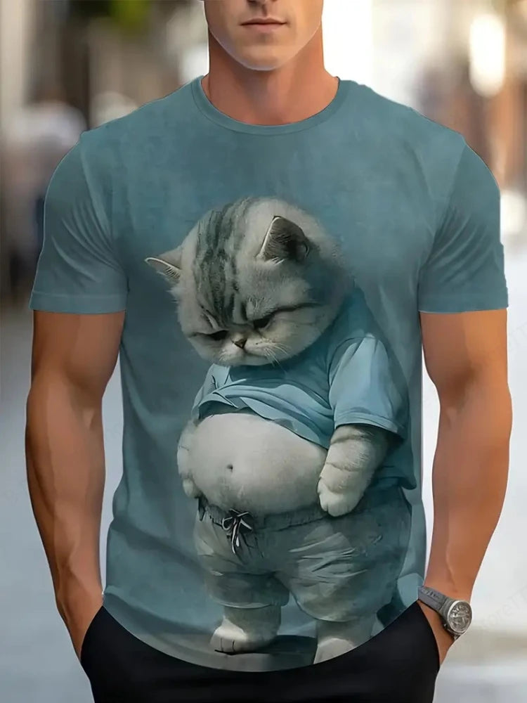 Cute Fat Cat Men's T Shirt Animal 3D Print Casual Short Sleeve Funny T Shirts Fashion Streetwear Round Neck Oversized Clothing