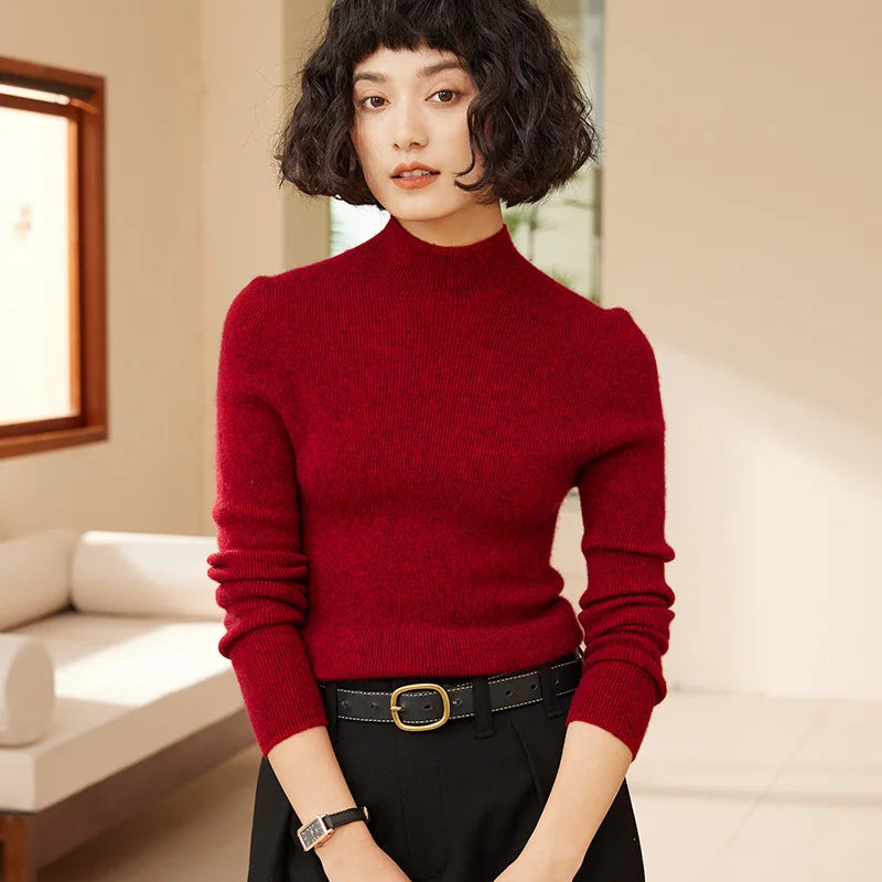 Autumn and Winter New Women's 100% Pure Cashmere Semi High Neck Pullover Sweater Knitted Slim Fit Hot Selling Women's Top
