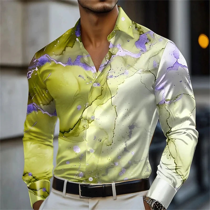 Men's blue and gold marble print long-sleeved shirt. Fashionable casual design, slim fit for banquets and business suits. XS-6XL