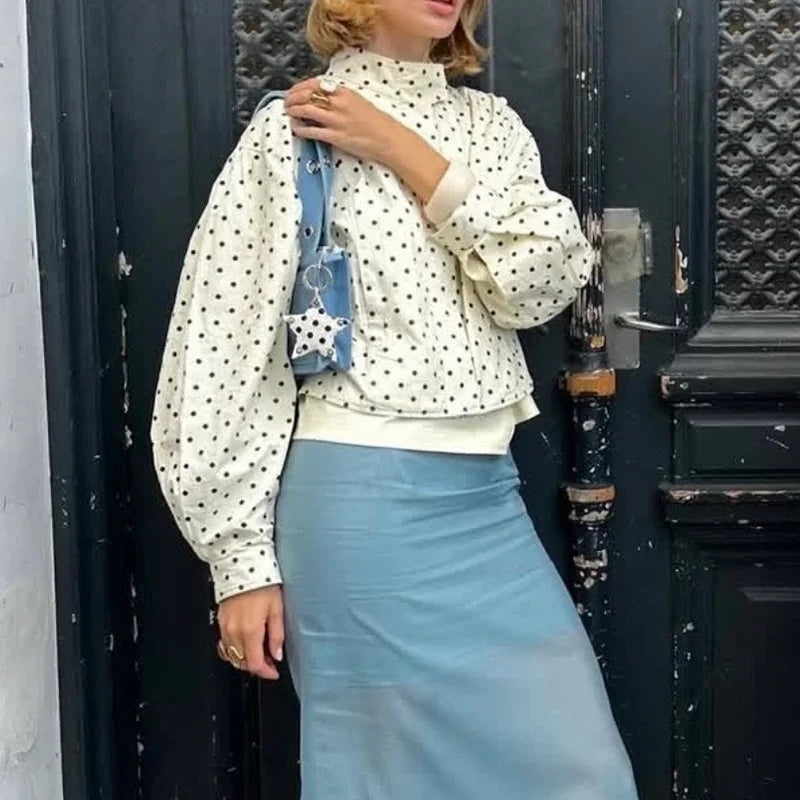 New Summer 2026 Womens Fashion Turtleneck Drawstring Hem Polka Dot Seersucker Jacket Casual Spring Autumn Outfit Trafizaran