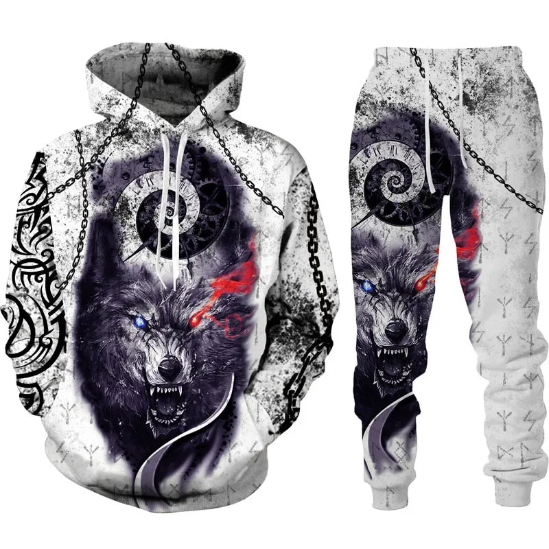 Spring Men's Hooded 3D Animal War Wolf Printed  Sweater Set Male Sportswear Tracksuit Long Sleeve Men Clothing Suit