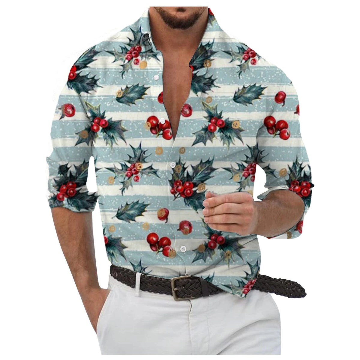 Christmas Style Men's Stylish Long Sleeve Shirt Breathable Red Tops Christmas Themed Pattern Full Sleeve Shirts Turn-Down Collar