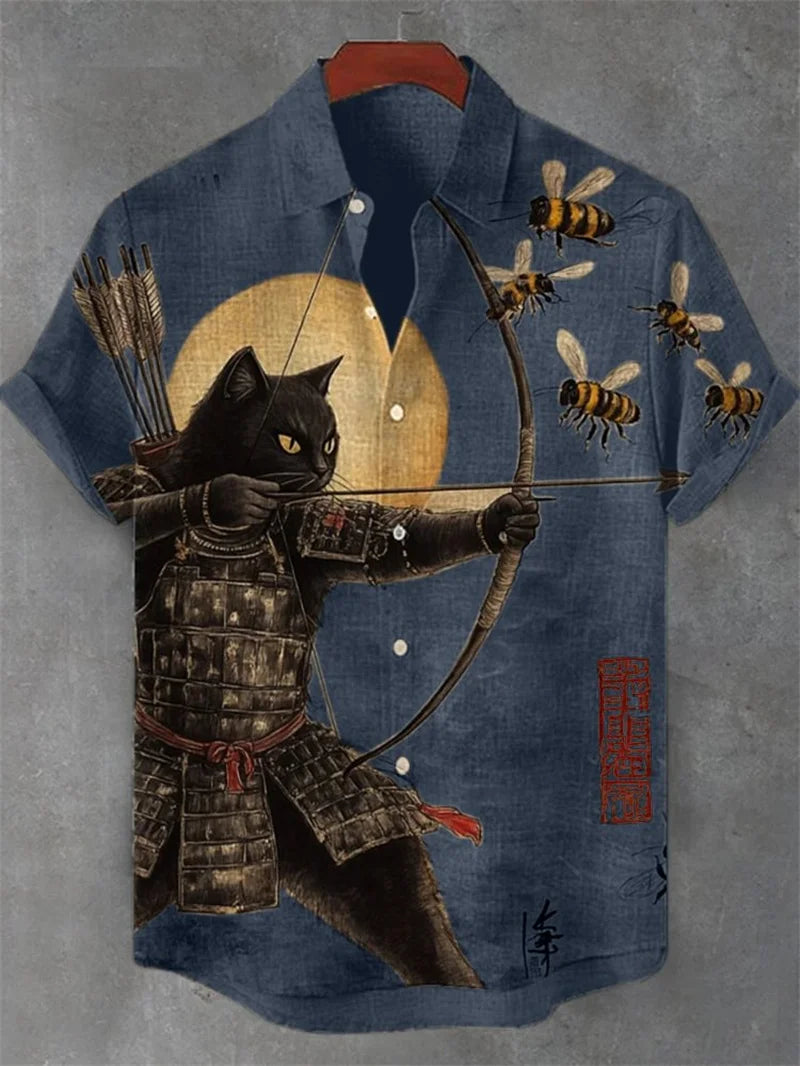 Cartoon Cat Short Sleeve Shirt Vintage Art Fish Print Men's Summer Shirt Casual Holiday Street Clothing New Collection