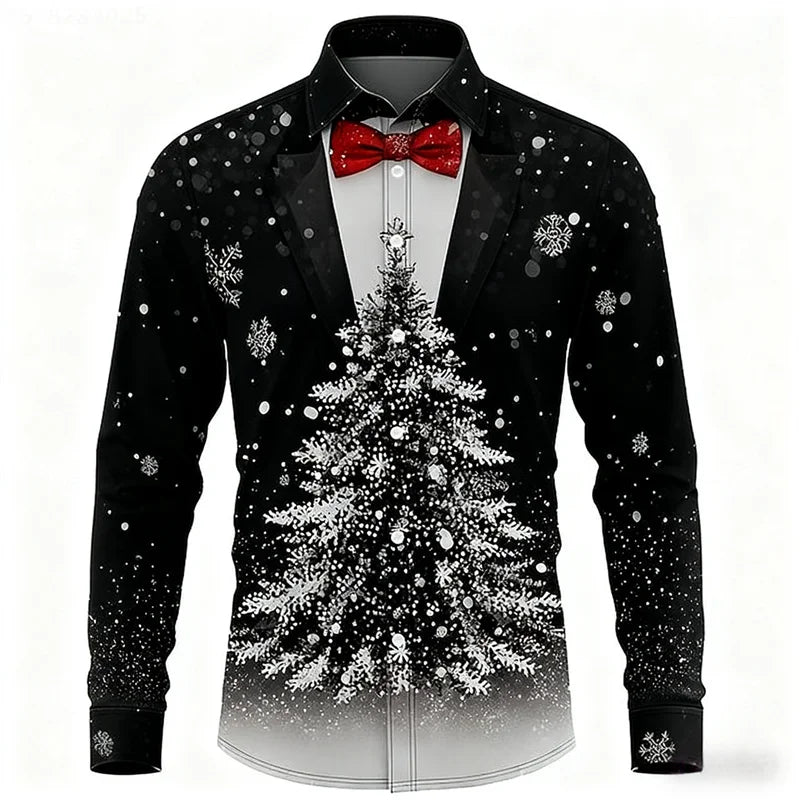 Men's Christmas shirt, casual fashion design, holiday party men's top, long sleeve lapel men's high-end clothing XS-6XL size