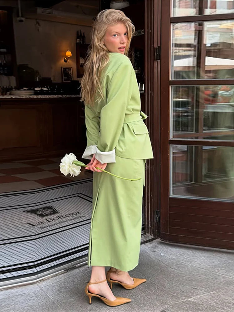Urban Solid Coat Skirt Women Set Elegant Lapel Long Sleeve Belt Jacket Split Hip Package Skirts 2026 Autumn Winter Lady Outfit