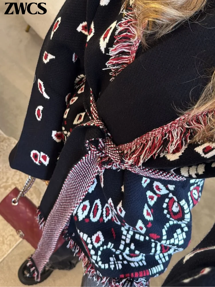 Knitted Print Lace-up Cardigan Coat Women's Elegant V-neck Tassels Full Sleeve Belted Sweaters 2026 Autumn New Ladies Outwear