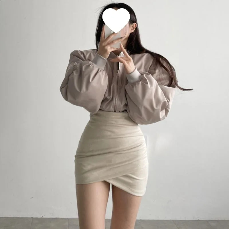Grey Suede Mini Skirt Women's Autumn Winter New Style Irregular Fit High Waist Elastic Short Skirt One Step Wrap around Skirt